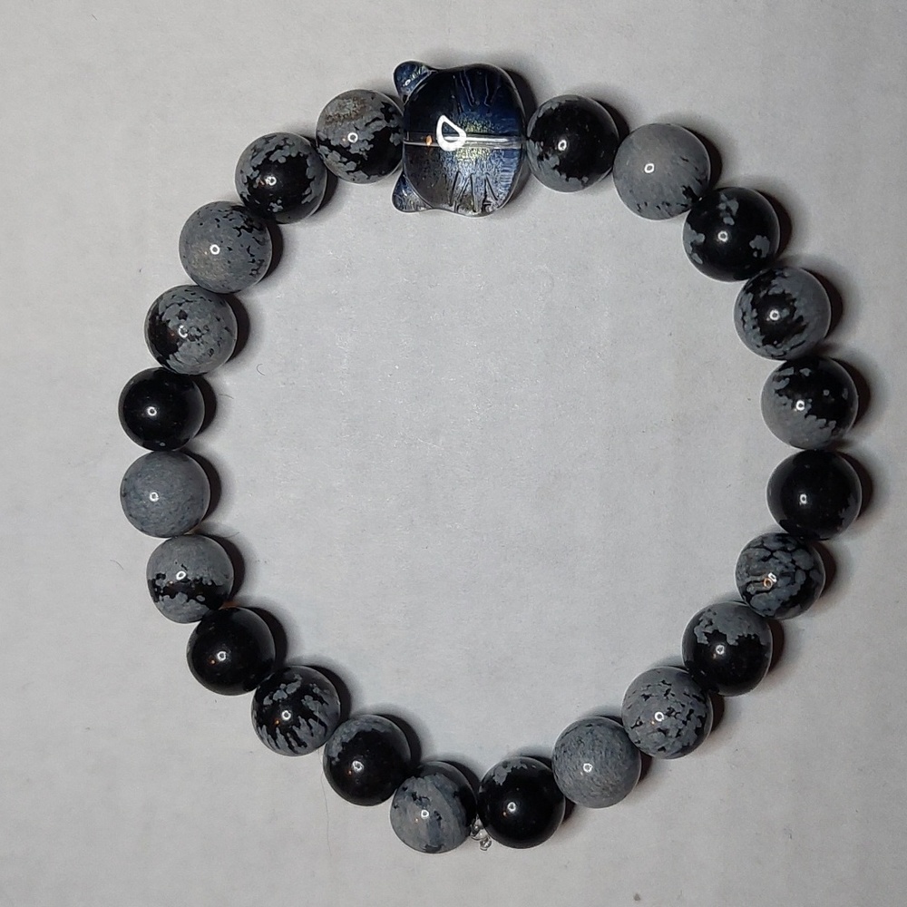 Cat glass bead. Snowflake Obsidian stone 8mm round bead bracelet
